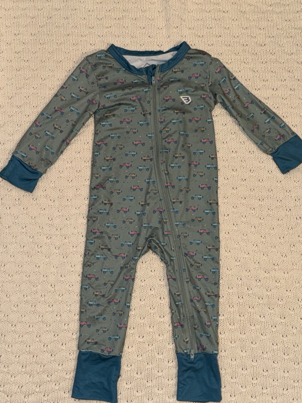 BURLEBO Olive Green Car-Print One-Piece Footie with Teal Trim